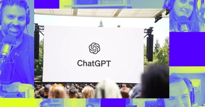 A photo of the ChatGPT logo over a Vergecast illustration.