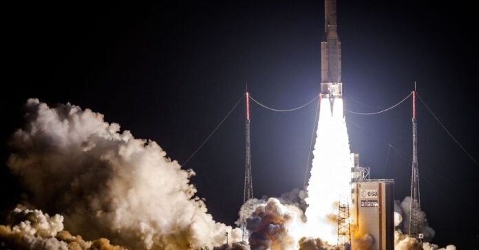 An image showing the Ariane 5 rocket carrying the Intelsat 33e and Intelsat 36 into space in 2016