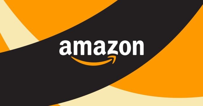 Illustration of Amazon’s logo on a black, orange, and tan background.