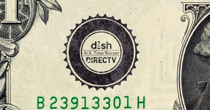 One dollar bill photoshopped to have the Dish, DirecTV, and AOL Time Warner logos on it.