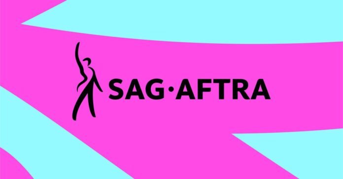 An image showing the SAG-AFTRA logo on a pink and blue background