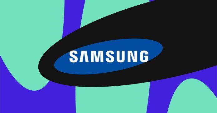 Illustration of Samsung’s logo on a black, blue, and aqua background.