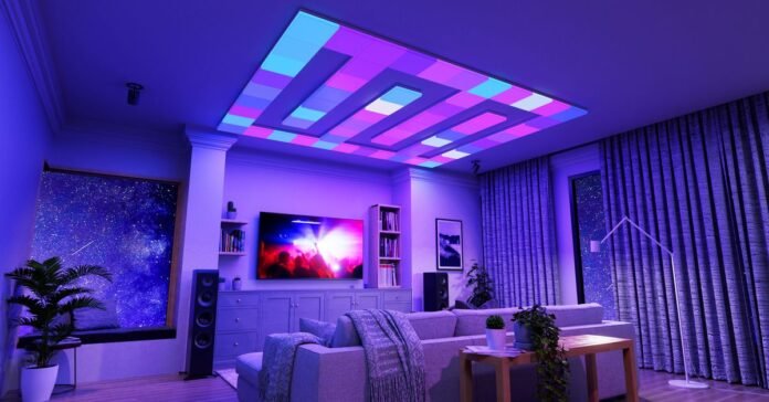 Nanoleaf’s smart LED ceiling lights lighting up a room with blue and purple lights.