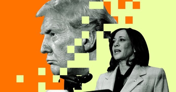 Photo collage of former President Trump and Vice President Kamala Harris.