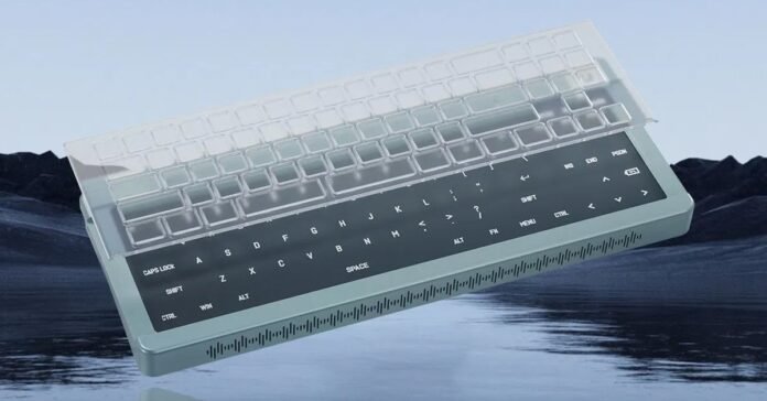 A render of the DS Pixel Keyboard floating over a reflective lake.