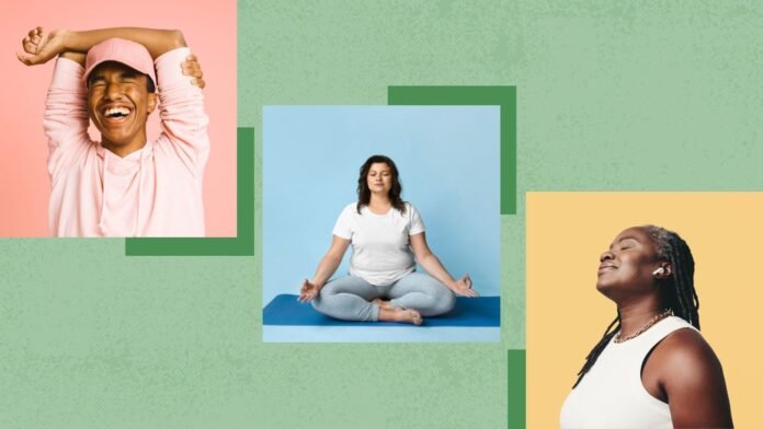 collage of man laughing woman doing yoga woman humming music